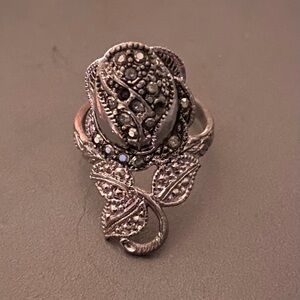 Vintage 90s genuine 925 Sterling Silver Marcasite Filigree ROSE Ring flower 8.5